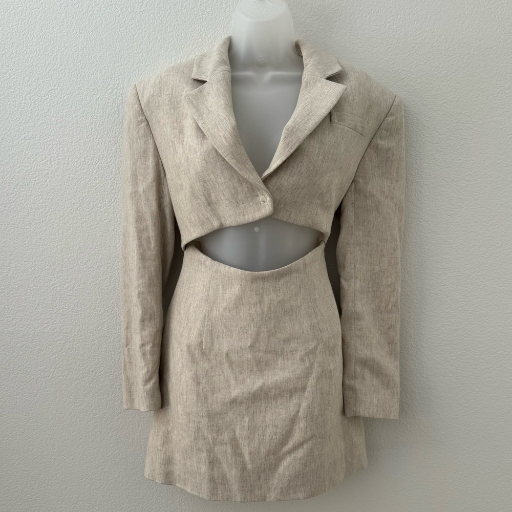 Zara Beige Linen-Blend Long Sleeve Cutout Dress